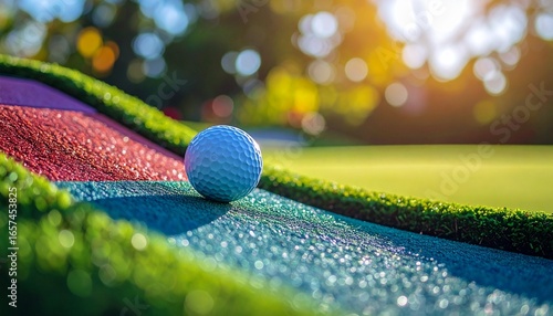 Mini Golf Ball on Colorful Course - Fun Outdoor Recreation and Leisure Activity