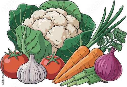 A fresh and abundant pile of various vegetables, ready for cooking or consumption, is neatly arranged. 