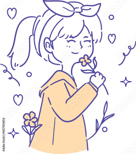 A cheerful cartoon girl smelling a flower, surrounded by hearts and floral elements, smiling with contentment.