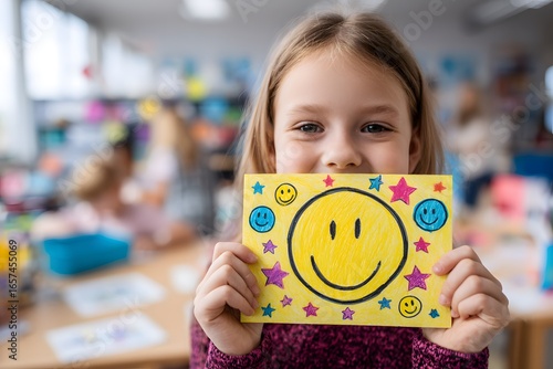 Young girl proudly showing her hand-drawn smiley face with stars in a cheerful and colorful classroom environment.

