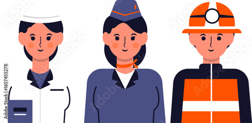 Three diverse professionals, a nurse, a flight attendant, and a firefighter, are depicted in a stylized illustration.