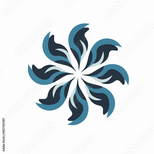 Abstract radial pattern featuring eight stylized blue and dark blue wave-like elements, creating a dynamic and modern organic design on white.