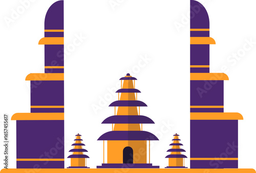 Stylized illustration of Balinese temple architecture, featuring tiered structures and decorative elements.