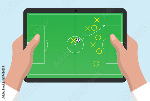Hand holding and touch screen tablet for football soccer tactics illustration	