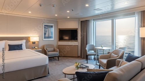 Luxurious cruise ship suite, modern interior design, ocean view and high-end amenities for
