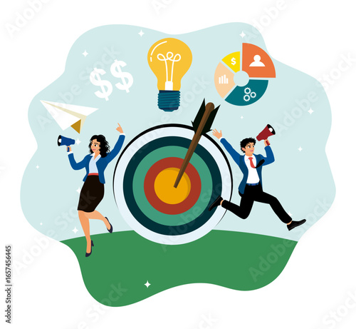 Business collaboration for target achievement with marketing and innovation symbols.