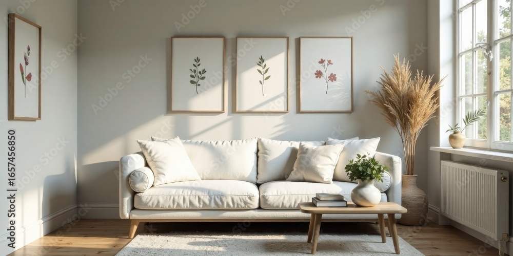 Fototapeta premium Serene Living Room with Minimalist Decor and Natural Light Illuminating a Comfortable Sofa