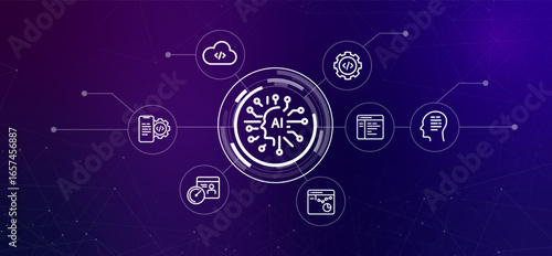 artificial intelligence in coding and software development icons representing software related concepts AI assisted programming cloud development and the future of software engineering