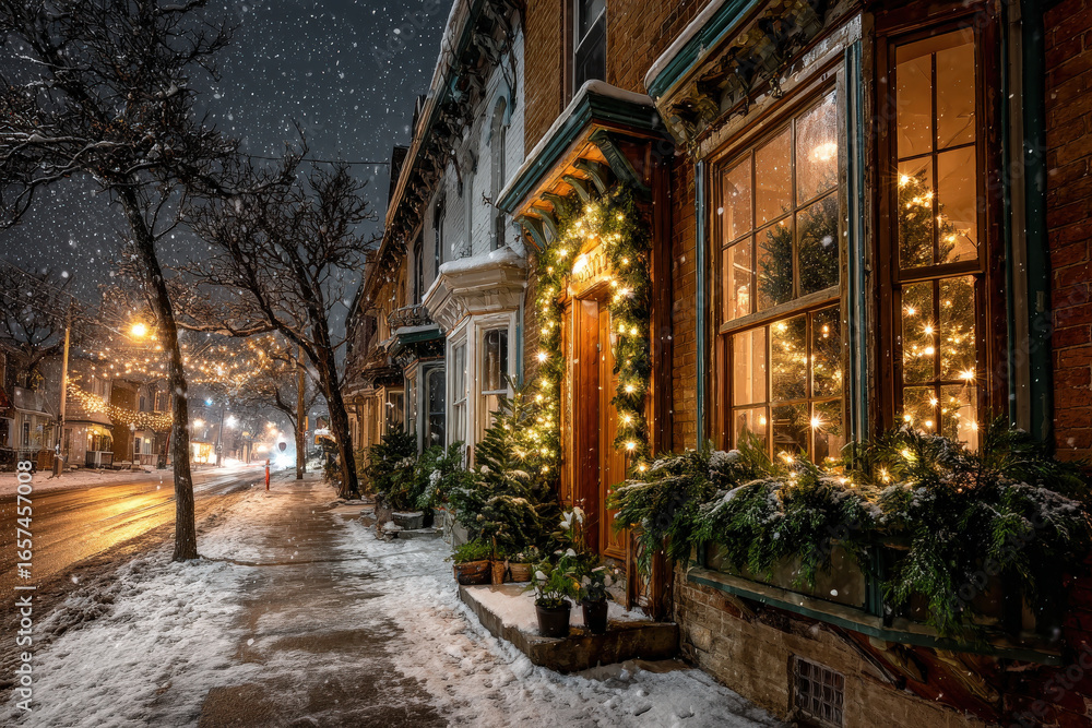 Fototapeta premium quiet street adorned with sparkling christmas lights creating warm inviting atmosphere