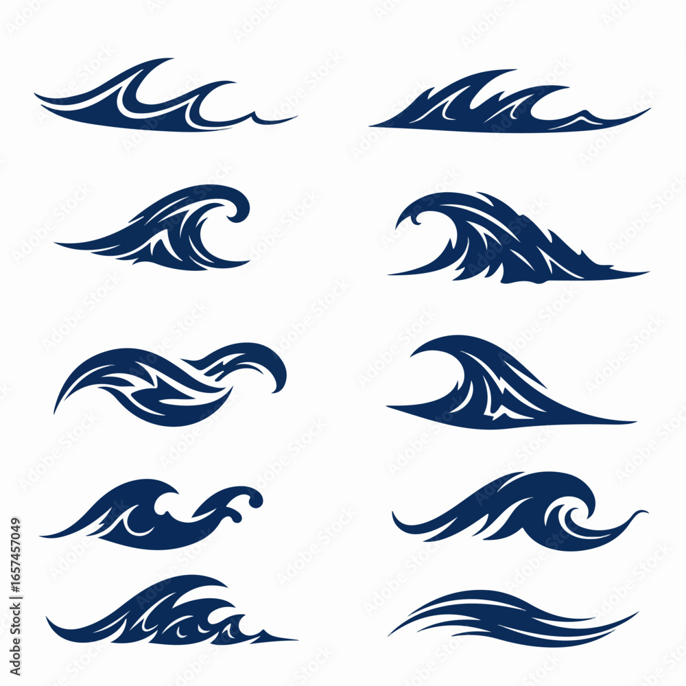 Fototapeta premium Set of Stylized Ocean Wave Designs: A collection of blue tribal and abstract vector illustrations of sea waves, ideal for tattoo art, logos, and marine-themed graphic elements.