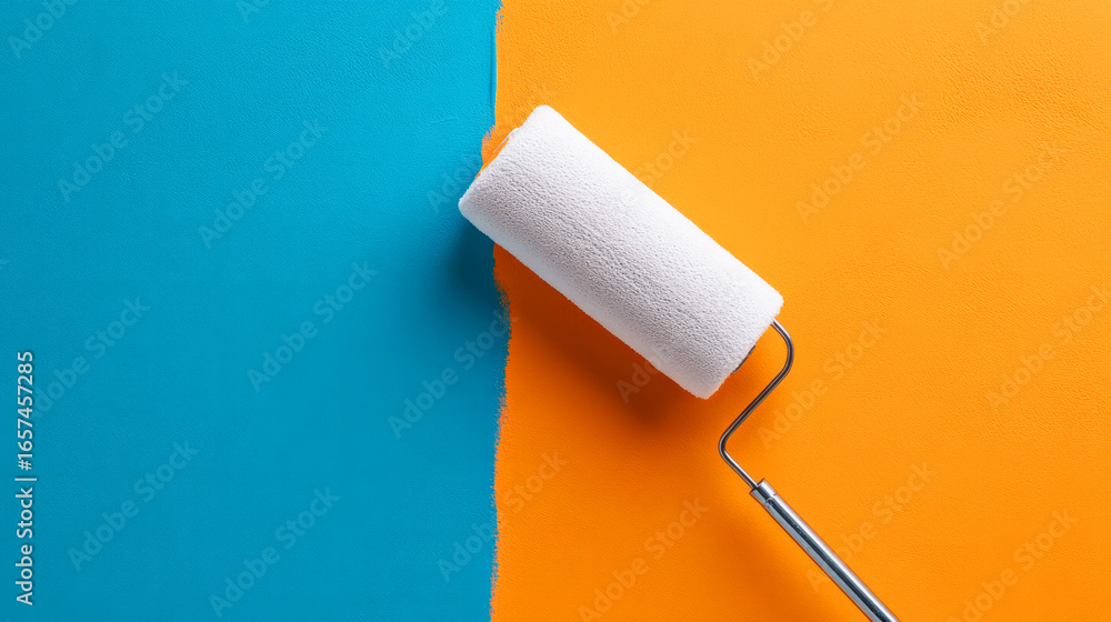 Obraz premium Colorful Painting with Roller on Blue and Orange Split Background in Bright Interior Space