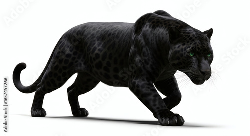 A sleek black panther prowling with intense green eyes against a stark white studio background image