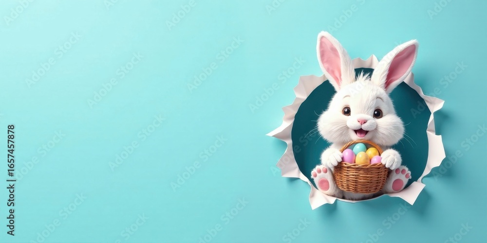 Obraz premium Adorable Easter Bunny Peeking Through a Paper Hole, Holding a Basket Filled with Colorful Eggs, on a Light Blue Background