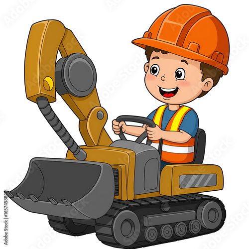 Young Boy Wearing Hard Hat and Safety Vest Operating Excavator in Construction Site