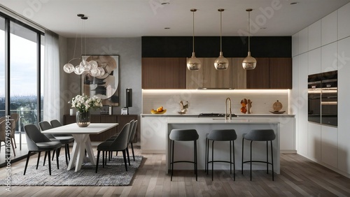 Modern open plan kitchen and dining area with city view