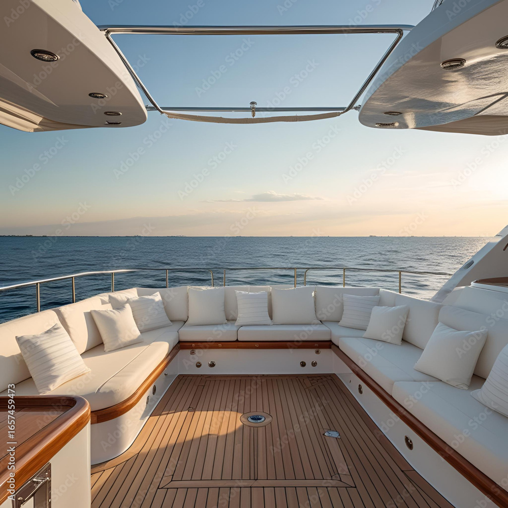 Fototapeta premium Luxury yacht deck with white seating area, teak flooring, modern design overlooking ocean horizon view