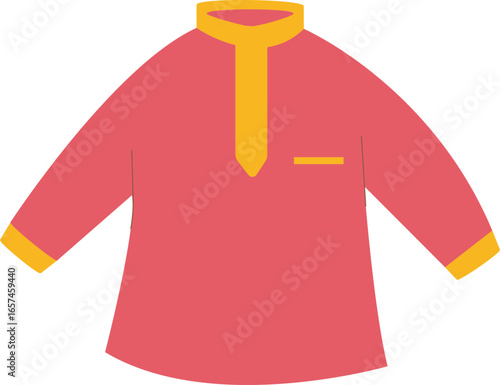 A vibrant red traditional tunic shirt, featuring yellow collar and placket details, rendered in a clean flat illustration style.