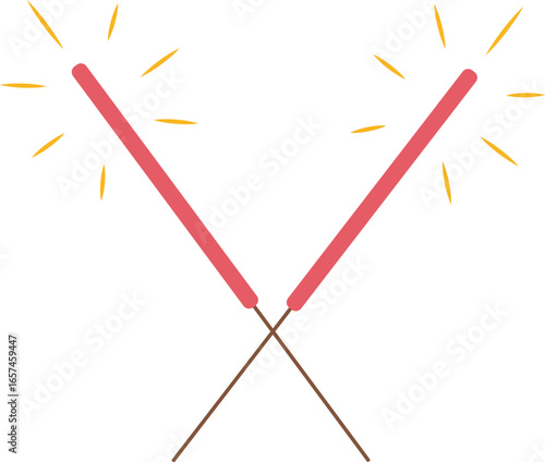 Two crossed, pink sparklers with yellow bursts of light, isolated on white.