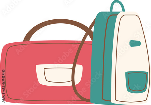 A vibrant pink duffel bag with a brown handle positioned next to a modern white and teal backpack, illustrating common travel or school accessories.