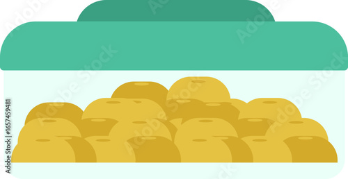 A transparent container filled with many golden-yellow round objects, likely fruit or preserves.