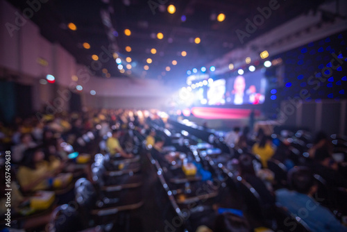 Blurred background of crown and speaker  in seminar room