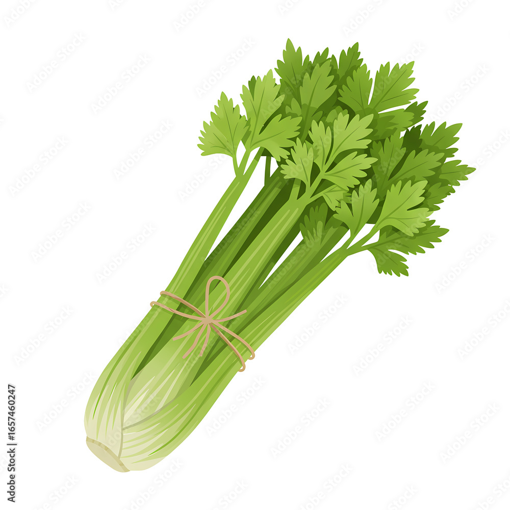 Fototapeta premium Fresh Green Celery Bundle with Leaves and Stalks on White Background