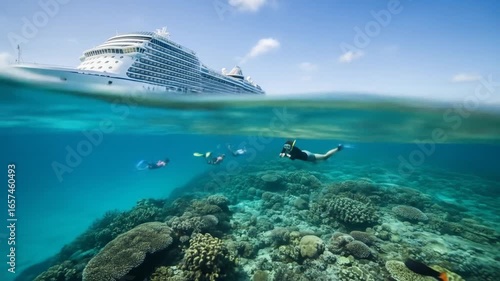 Underwater Adventure: Snorkeling in Vibrant Coral Reefs with a Distant Cruise Ship