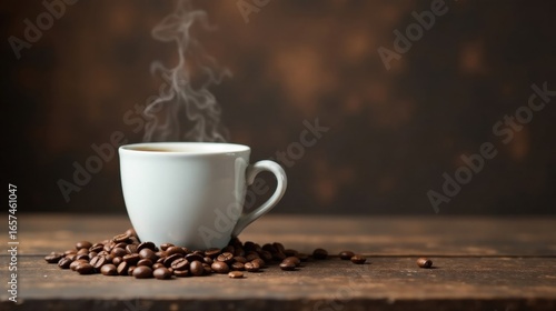 Aromatic Steam Rising from a White Cup of Coffee Resting on a Pile of Roasted Coffee Beans on a Rustic Wooden Surface