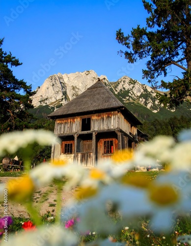 Wooden house nestled in mountains, wildflowers foreground