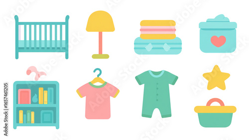 Baby items arranged neatly representing nursery essentials for newborn care and early childhood development in soft pastel colors.