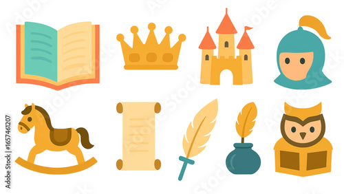 Colorful fairytale elements depicting a book, crown, castle, knight, horse, scroll, quill, and owl, creating a whimsical and enchanting storybook scene.