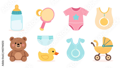 Cute baby items arranged neatly on white surface showcasing essential newborn supplies with pastel colors and playful aesthetic.
