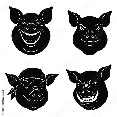Diverse black pig and wild boar head silhouettes on white, showcasing laughing, calm, pirate with eye patch, and angry boar.