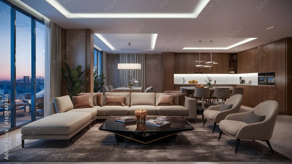 Fototapeta premium Luxurious modern living room with sectional sofa and city view at sunset