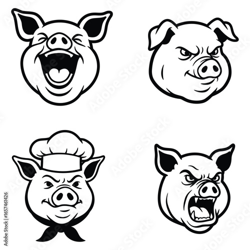 Set of black and white cartoon pig head illustrations, featuring a laughing pig, an angry pig, a culinary pig with a chef's hat, and an aggressive pig baring fangs.