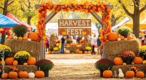 A vibrant harvest festival scene with pumpkins, hay bales, and colorful decorations under a wooden archway, celebrating the autumn season and its abundance