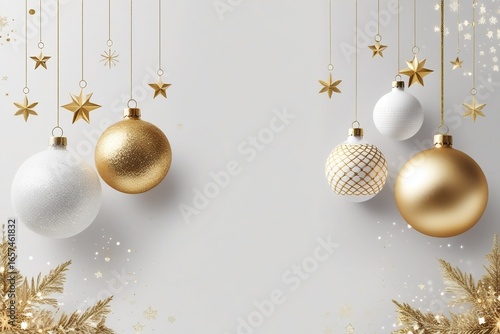 Chic Gold and White Christmas Ornaments with Stars and Glitter Leaves on Elegant Minimal Background – AI-Generated