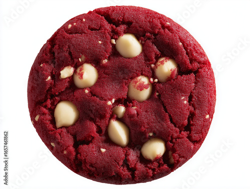 Red Velvet Cookie with White Chocolate Chips Isolated on White Background