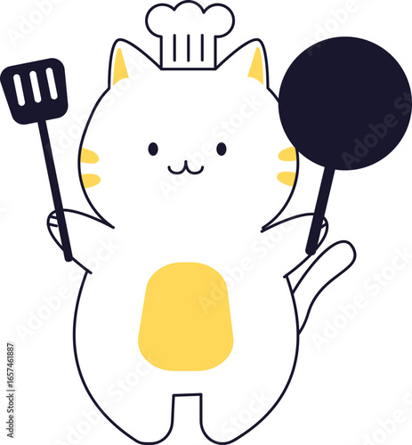 A cheerful white cat chef proudly holds a spatula and frying pan.
