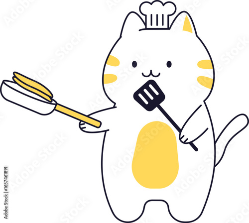Adorable cartoon cat chef wearing a hat, cooking pancakes in a pan.