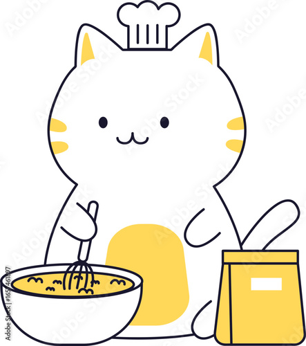 Cartoon illustration of a white cat wearing a chef's hat, mixing ingredients in a bowl with a whisk next to a bag.