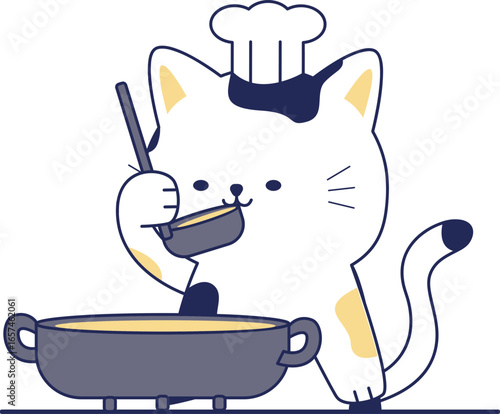 An adorable cartoon cat wearing a chef's hat tastes soup from a ladle while cooking in a large pot.