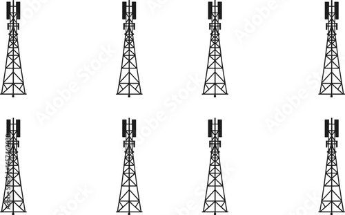 Set of eight black communication towers with antennas and signal transmitters, isolated vector icons on white background, wireless technology, telecommunication infrastructure concept,