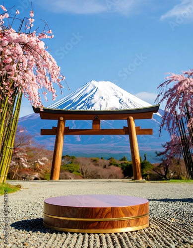 Wooden podium with cherry blossoms and mountain