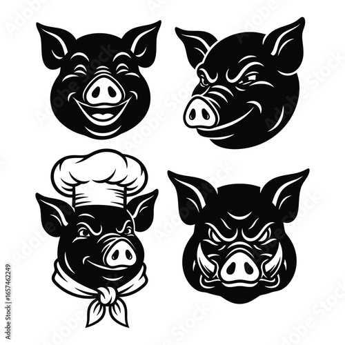 Variety of black silhouette pig and wild boar heads, featuring a smiling pig, a winking pig, a charming chef pig, and a fierce tusked boar.