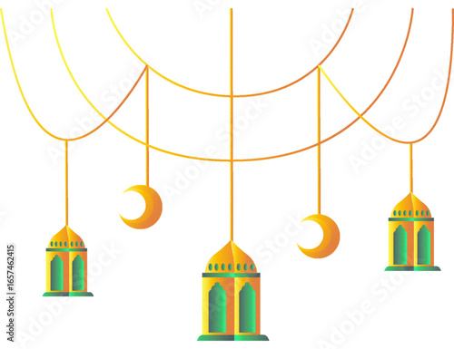 Illustration of hanging lanterns and crescent moons, celebrating a festive occasion with a warm color palette.