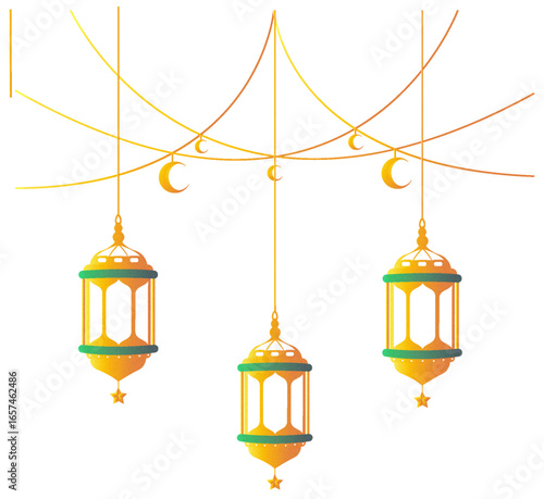 Ornate Islamic lanterns and crescent moons hanging from strings.