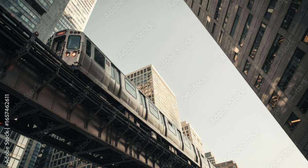 Fototapeta premium Chicago Elevated Urban Transit Journey Among Skyscrapers.