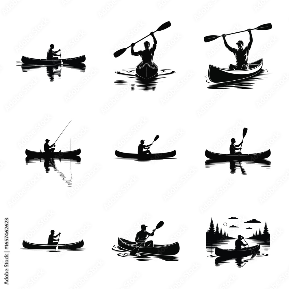 Naklejka premium Kayaking and Canoeing Silhouettes set vector design