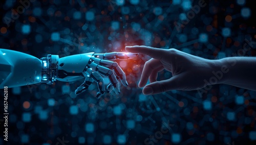 A robotic arm and a human hand touch each other, representing the futuristic convergence of technology and humanity in a dark, vibrant setting with glowing lights.